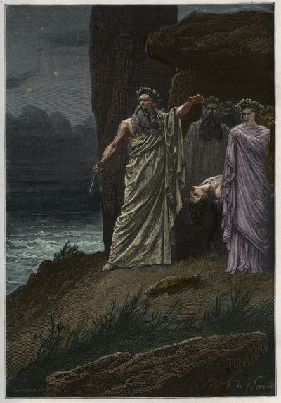 Sacrificio umano da parte dei druidi dopo Alphonse de Neuville - Druidi che offrono sacrifici umani - incisione da 