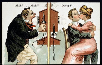 Cartolina umoristica sul telefono, inizio XX secolo da French School