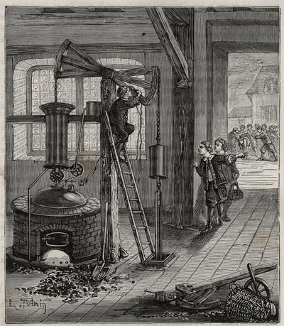 Humphrey Potter, incaricato di aprire e chiudere le valvole della macchina di Thomas Newcomen, la fa funzionare senza assistenza posizionando correttamente corde e fermagli per aprire e chiudere le valvole da French School