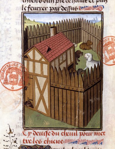 Cani da caccia in un canile - nel "Libro di Caccia di Gaston Phoebus, Conte di Foix, Signore di Béarn" da French School