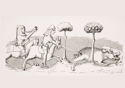 Caccia al cinghiale con i cani, riproduzione di una miniatura del manoscritto del XIV secolo "Livre de Roy du Modus", di Henri de Ferrieres, da "Le Moyen Age et La Renaissance" di Paul Lacroix (1806-84) pubblicato nel 1847 (litografia) da French School