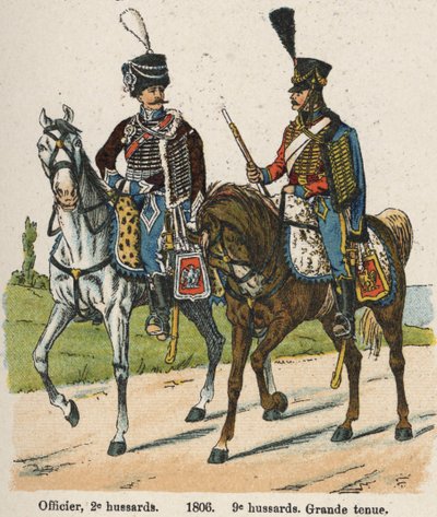 Ussari 1° vendemmiaio An XII (24 settembre 1803): Ufficiale, 2° ussari e 9° ussari in grande uniforme nel 1806. Tavola dal libro Les Uniforms de l