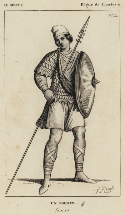 IX secolo, regno di Carlo II, un soldato (incisione) da French School