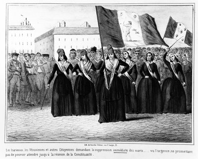 Icariani e Vesuviani che chiedono la soppressione immediata dei mariti, da una serie di vignette sugli eventi durante la Rivoluzione Francese del 1848, pubblicato a Parigi da Gosselin, 1848 da French School