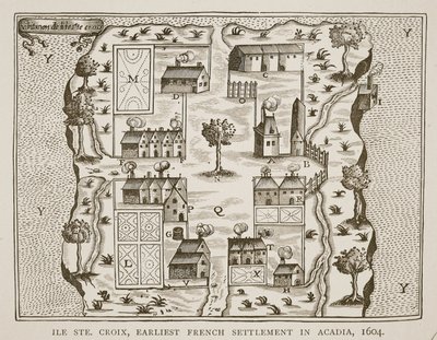 Ile Ste. Croix, il primo insediamento francese in Acadia, 1604, da Voyages di Samuel de Champlain (c.1580-1635), 1613 da French School