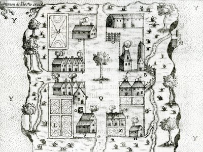 Ile Ste. Croix, il primo insediamento francese in Acadia, 1604, dai Viaggi di Samuel de Champlain (c.1580-1635), 1613 da French School