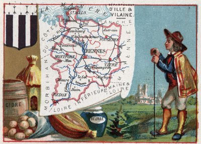 Ille-et-Vilaine, Bretagna, Francia. Sidro e burro. Serie sui Dipartimenti Francesi. Cromolitografia 