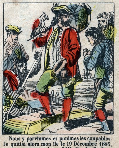 Illustrazione per il libro di Daniel Defoe "Robinson Crusoe". Immagine di Epinal della fine del XIX secolo. da French School