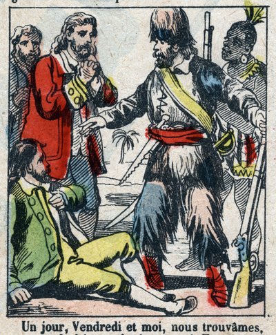 Illustrazione per il libro di Daniel Defoe "Robinson Crusoe". Immagine di Epinal fine XIX secolo da French School
