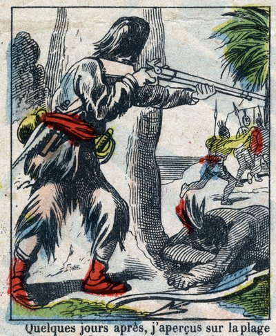 Illustrazione per il libro di Daniel Defoe "Robinson Crusoe". Immagine di Epinal fine XIX secolo da French School