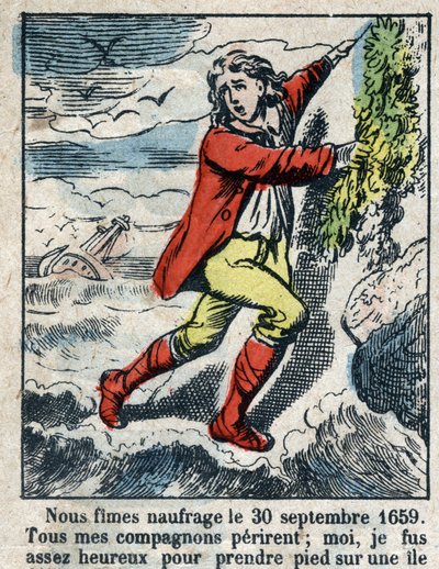 Illustrazione per il libro di Daniel Defoe "Robinson Crusoe". Immagine di Epinal fine XIX secolo. da French School