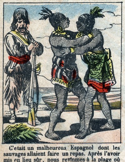 Illustrazione per il libro di Daniel Defoe "Robinson Crusoe". Immagine di Epinal fine XIX secolo. da French School