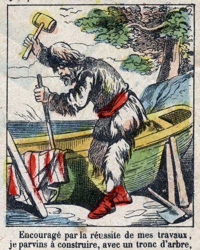 Illustrazione per il libro di Daniel Defoe "Robinson Crusoe". Immagine di Epinal della fine del XIX secolo da French School