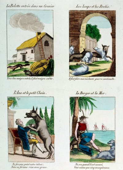 Tavola illustrativa per le favole di Jean de La Fontaine (1621-1695): donnola entrata in una soffitta, lupi e pecore, asino e cane, pastore e mare. Incisione da French School
