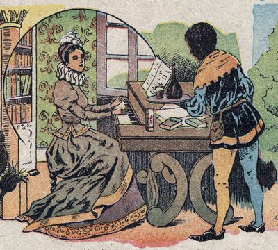 Illustrazione per la fiaba "La Bella e la Bestia": era circondata da attenzioni. Incisione di Quinn, circa 1890 da French School