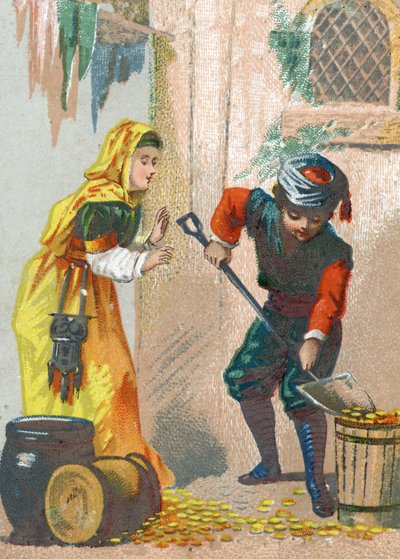 Illustrazione per le Mille e una notte. Ali-Baba (Ali Baba) carica i suoi asini d