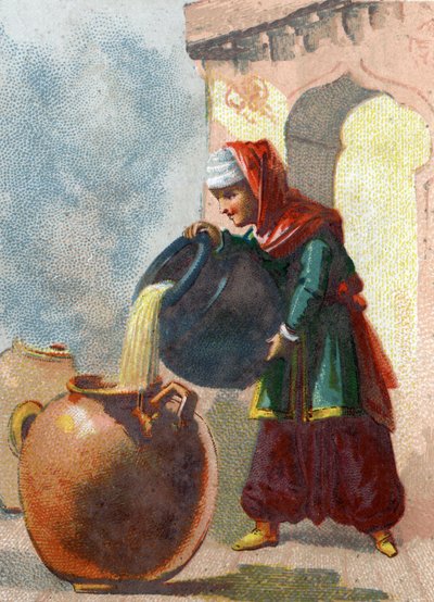Illustrazione per le Mille e una notte. Morgiana, schiava di Alì Babà, rendendosi conto che i vasi contenevano ladri, tolse loro la vita versando olio bollente in ogni vaso. Cromolitografia intorno al 1890 da French School