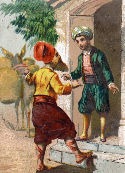 Illustrazione per le Mille e una notte. Il capitano, travestito da mercante di olio e seguito da 19 muli carichi ciascuno di due grandi vasi, chiede l