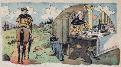 Illustrazione per il racconto "La Bella e la Bestia": il mercante si perde nel bosco - dopo essere entrato in una sala da pranzo. Incisione di Quinn, circa 1890 da French School