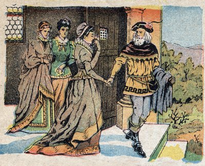 Illustrazione per la fiaba "La Bella e la Bestia": il mercante in partenza per un viaggio saluta le sue tre figlie e promette loro un regalo al suo ritorno. Incisione di Quinn imagery, circa 1890. da French School