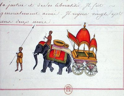 Illustrazione di un elefante che tira un carro, inizio XIX secolo da French School