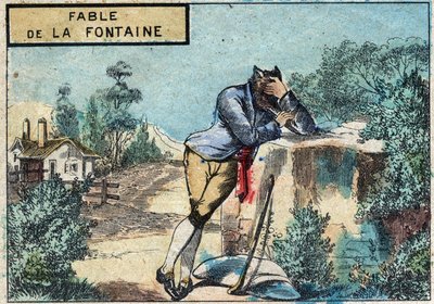 Illustrazione della favola di Jean de La Fontaine (1621-1695): il lupo diventato pastore. Immagine di Epinal della fine del XIX secolo da French School