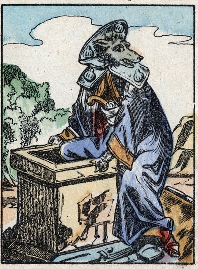 Illustrazione del racconto "Il lupo, la capra e i sette capretti". Incisione su legno di Imaging Pellerin - Epinal, sd. Fine XIX secolo da French School