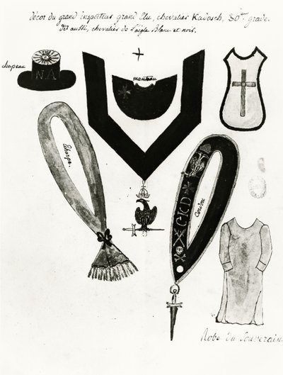 Illustrazioni di regalia massonica e abbigliamento del Cavaliere Kadosh, 30° grado, nel Rito Scozzese della Massoneria, 1813 da French School
