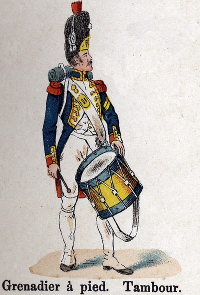 Guardia Imperiale Napoleone I: Granatiere a piedi - Tamburo. Tavola dal libro Les Uniforms de l