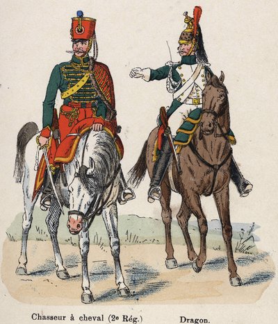 Guardia Imperiale Napoleone I: Cacciatore a cavallo (2º Reggimento) e Dragone. Tavola dal libro Les Uniforms de l