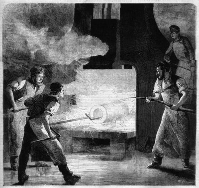 Fonderia imperiale di Douai, fabbricazione di un barile in acciaio. Incisione da French School