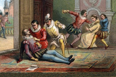 Nel 1589, il monaco Jacques Clement assassinò il Re Enrico III con una pugnalata dopo avergli fatto leggere una lettera. Il re morì tra le braccia di Enrico di Navarra. Cromolitografia intorno al 1890 da French School
