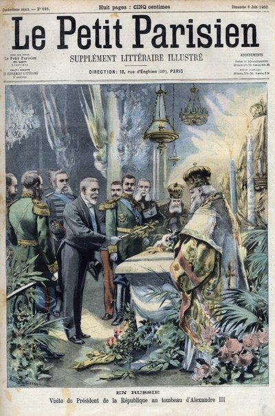 In Russia: visita del presidente Émile Loubet (1838-1929) alla tomba di Alessandro III (1845-1894), imperatore di Russia, in "Le Petit Parisien" da French School