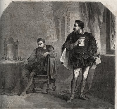 In una partita a scacchi con James Balfour, Jacques Hepburn (noto come Bothwell) (circa 1534-1578), amante della regina Maria Stuarda (1542-1587), riceve un messaggio dalla regina che lo informa che suo marito Henry Stuart, detto Lord Darnley. da French School