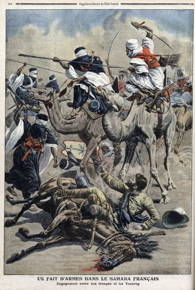 Nel Sahara inglese: combattimento tra truppe francesi e tuareg, illustrazione dal giornale "Le Petit Journal" del 17 marzo da French School
