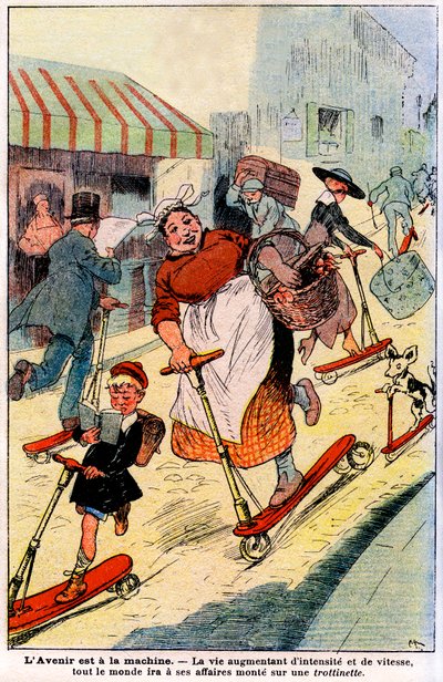 In futuro, con la vita che aumenta in intensità e velocità, tutti andranno al lavoro in scooter. 1919 (incisione) da French School