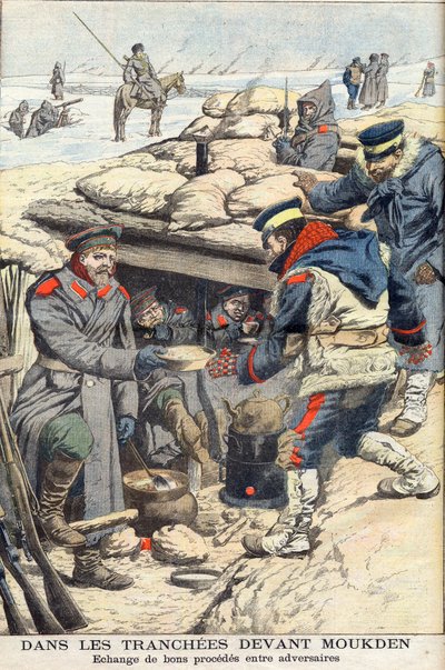 Nelle trincee davanti a Mukden, guerra russo-giapponese. Truppe giapponesi e russe che scambiano cibo e bevande. Illustrazione per Le petit Journal, 22 gennaio 1905 da French School