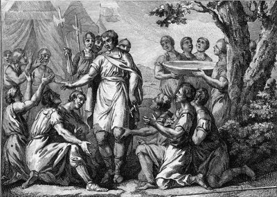 Inaugurazione di Faramondo (V secolo): incoronazione del re dei Franchi Faramondo. Incisione del XVIII secolo da French School