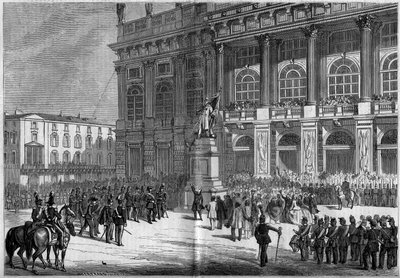Inaugurazione del monumento sardo di Vincenzo Vela (1820-1891), in Piazza Castello a Torino (Italia) il 10 aprile 1859. Dietro la statua si trova il Palazzo Madama. Basato sugli schizzi del signor Ferry. Incisione in 