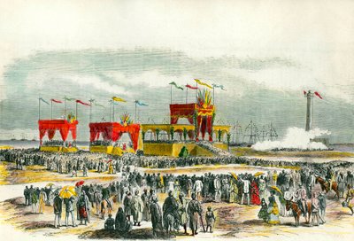 Inaugurazione del Canale di Suez in Egitto nel 1869: il "Te Deum" cantato a Port Said. Il canale è stato creato per collegare il Mar Rosso al Mar Mediterraneo. da French School