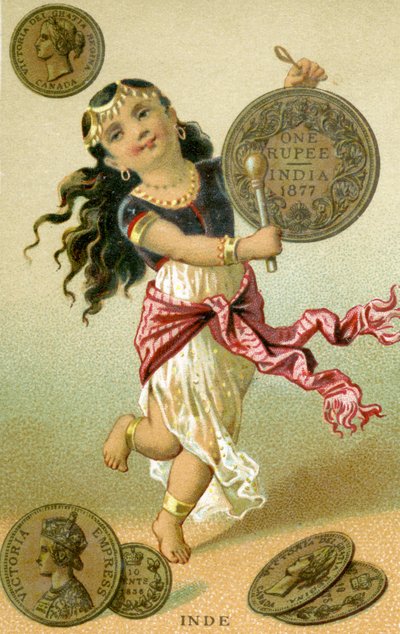Danzatrice indiana che batte un tamburo di rupie, da una serie di carte promozionali sulle valute in diversi paesi, pubblicata a Parigi da Baster & Vieillemard per uso del produttore di cioccolato, Chocolat Ible da French School
