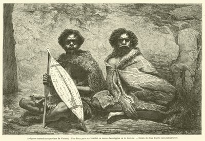 Indigeni australiani (provincia di Victoria); uno di loro porta uno scudo di corteccia di eucalipto o di banksia da French School