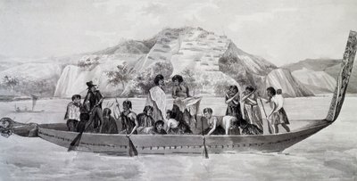 Indigeni neozelandesi su piroga con villaggio fortificato sullo sfondo da French School