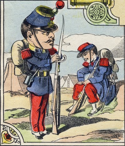 Linea di fanteria. Incisione in "Alfabeto Militare Comico". Quinta serie. Immagini di Epinal, fine XIX secolo da French School