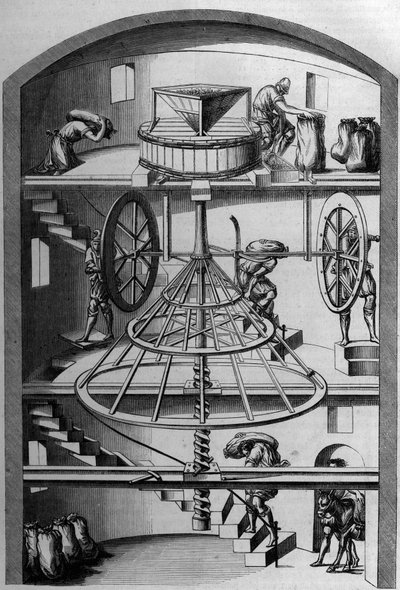 Vista interna di un mulino del XVI secolo; Incisione di Androuet du Cerceau in "Le Magasin pittoresque" da French School