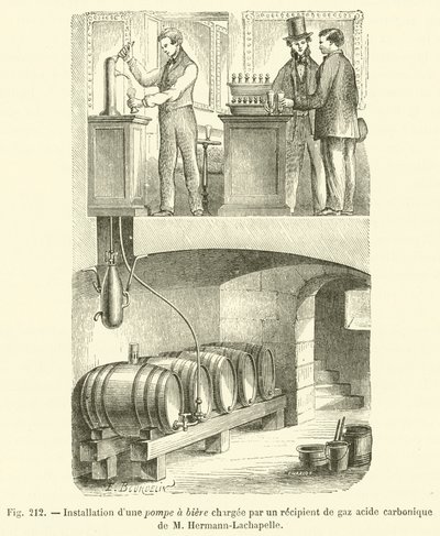 Installazione di una pompa di birra caricata da un recipiente di gas acido carbonico di M. Hermann-Lachapelle da French School