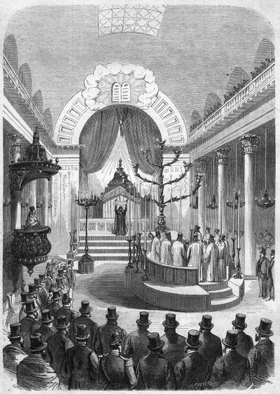 Installazione del rabbino capo della coscrizione di Bordeaux, nella sinagoga della città nel 1864. Incisione dal disegno di Mr. Duffet. da French School