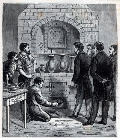 Installazione del pirometro di Alexandre Brongniart (1770-1847) scienziato francese alla manifattura di Sèvres - Incisione in "Scienze portate alla portata di tutti - fisica e chimica popolari" di Alexis Clerc - Fine del XIX secolo. Collezione privata. da French School