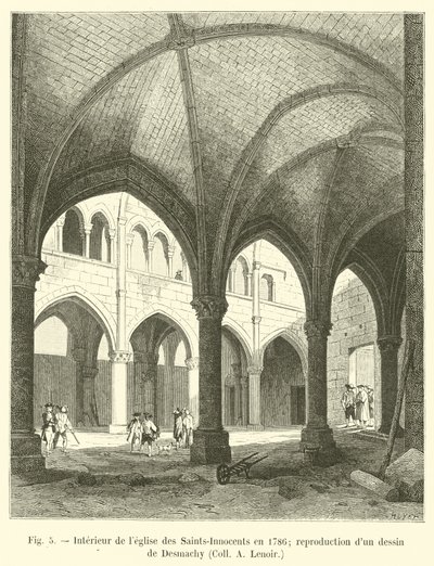 Interno della chiesa dei Santi Innocenti nel 1786; riproduzione di un disegno di Desmachy, Coll A Lenoir da French School