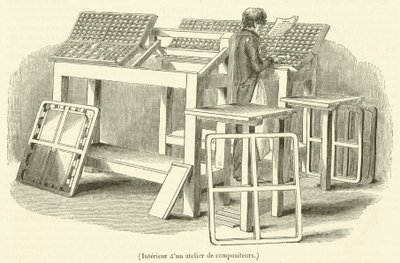 Interno di un atelier di compositori (incisione) da French School
